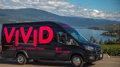 A black tour van with bright pink lettering displaying "VIVID" and the words "WINE • BEER • CANNABIS TOURS," parked near a scenic view of a lake and mountains.