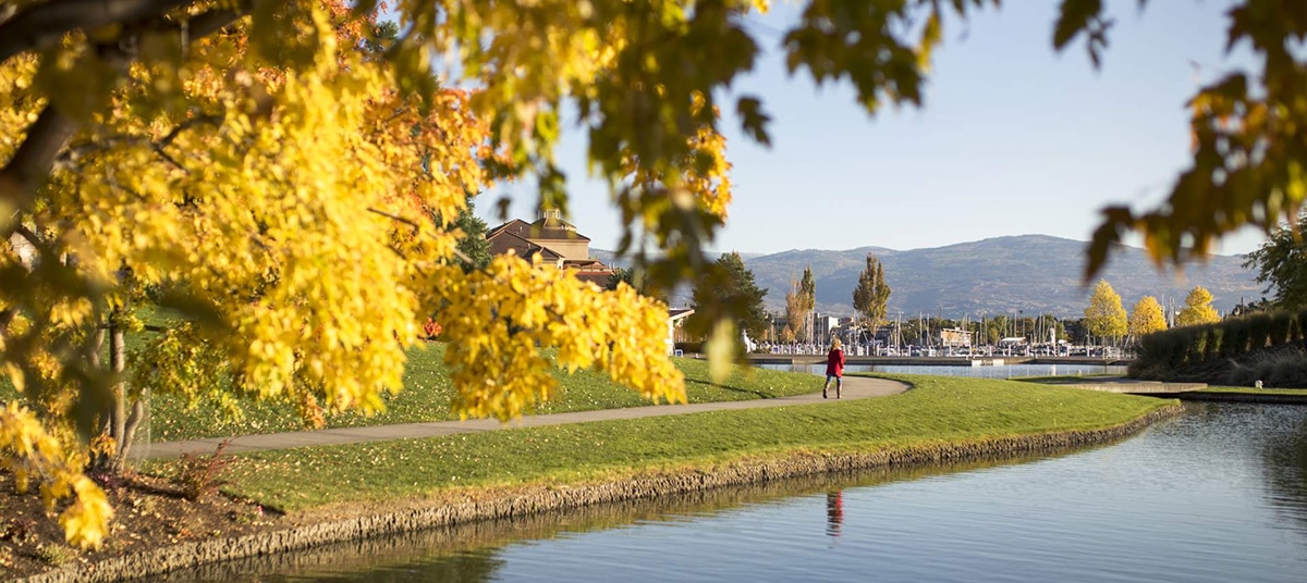 A tranquil lakeside scene in autumn, featuring vibrant yellow leaves, a walking path, and a person in a red coat strolling by the water.